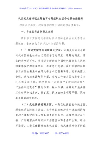 机关党支部书记主题教育专题组织生活会对照检查材料
