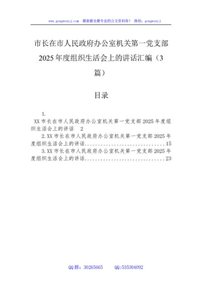 市长在市人民政府办公室机关第一党支部2025年度组织生活会上的讲话汇编（3篇）