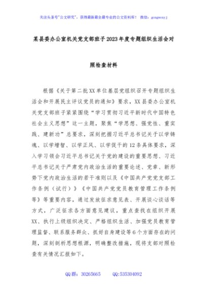 某县委办公室机关党支部班子2023年度专题组织生活会对照检查材料