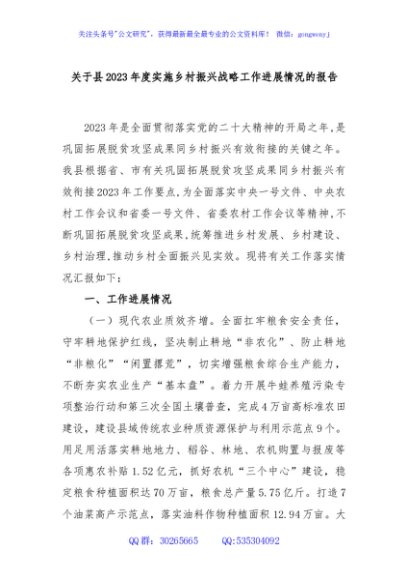 关于县2023年度实施乡村振兴战略工作进展情况的报告