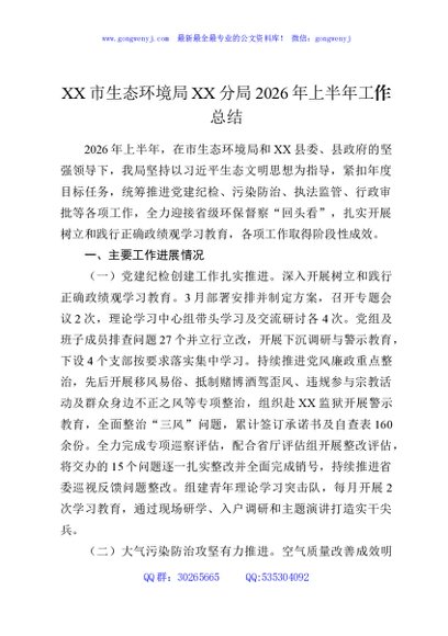 XX市生态环境局XX分局2026年上半年工作总结