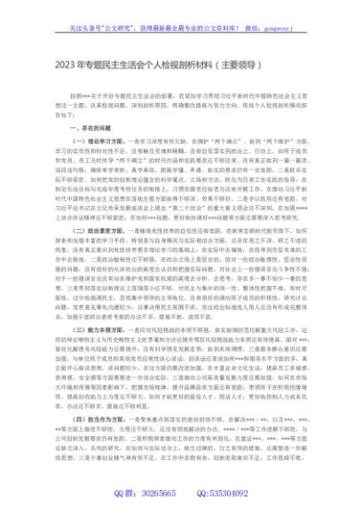2023年专题民主生活会个人检视剖析材料（主要领导）