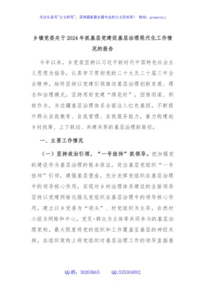 乡镇党委关于2024年抓基层党建促基层治理现代化工作情况的报告