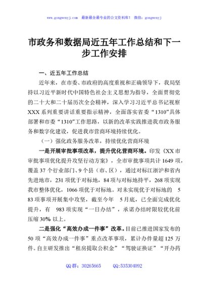 市政务和数据局近五年工作总结和下一步工作安排
