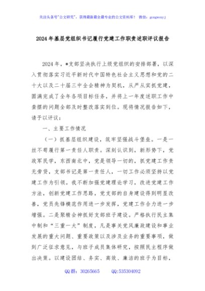 2024年基层党组织书记履行党建工作职责述职评议报告