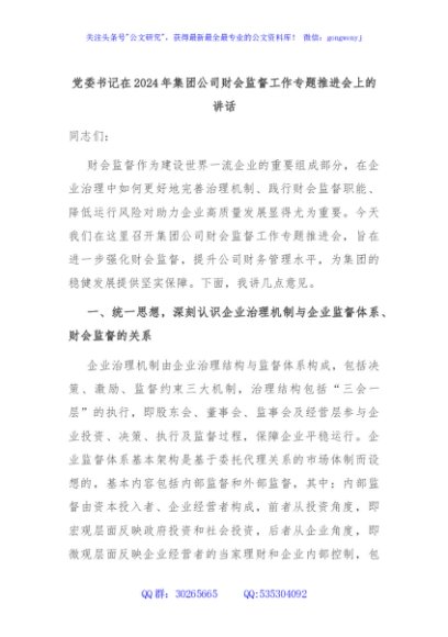 党委书记在2024年集团公司财会监督工作专题推进会上的讲话