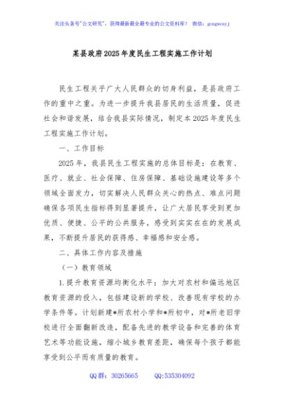某县政府2025年度民生工程实施工作计划