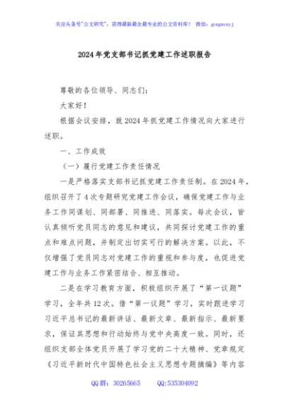 2024年党支部书记抓党建工作述职报告