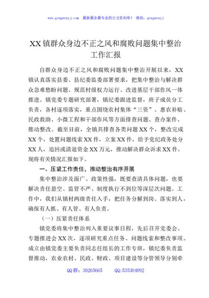 XX镇群众身边不正之风和腐败问题集中整治工作汇报