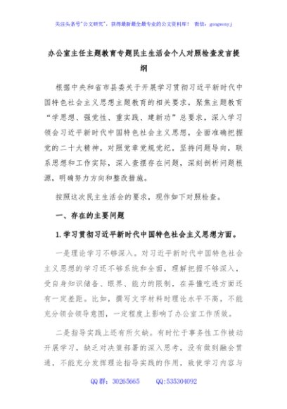 办公室主任主题教育专题民主生活会个人对照检查发言提纲
