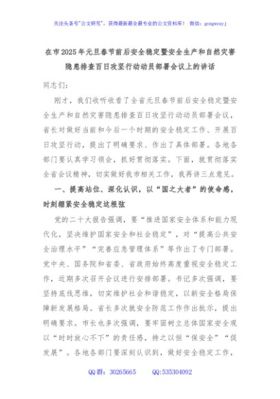 在市2025年元旦春节前后安全稳定暨安全生产和自然灾害隐患排查百日攻坚行动动员部署会议上的讲话
