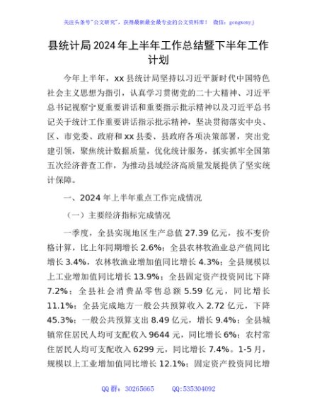 县统计局2024年上半年工作总结暨下半年工作计划2
