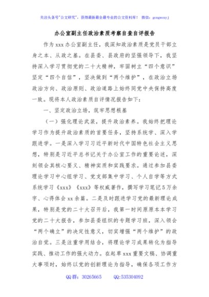 办公室副主任政治素质考察自查自评报告