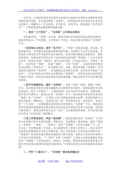 国企党建经验交流材料：创新“双体检”模式 锻造“红色竞争力”