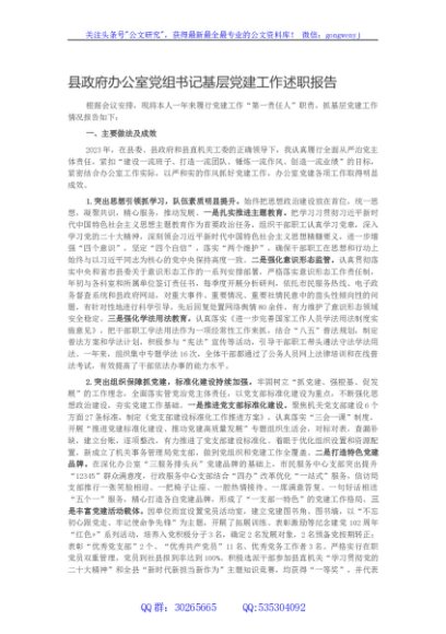 县政府办公室党组书记基层党建工作述职报告