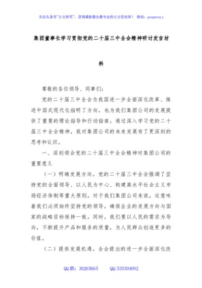 集团董事长学习贯彻党的二十届三中全会精神研讨发言材料