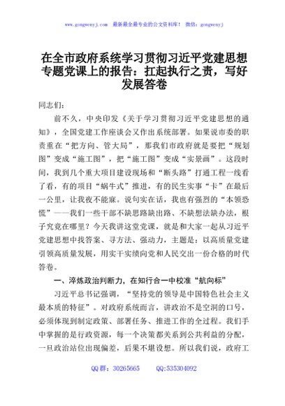 在全市政府系统学习贯彻习近平党建思想专题党课上的报告：扛起执行之责，写好发展答卷