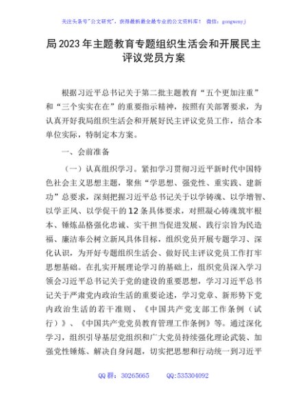 2023年主题教育专题组织生活会和开展民主评议党员方案2200字