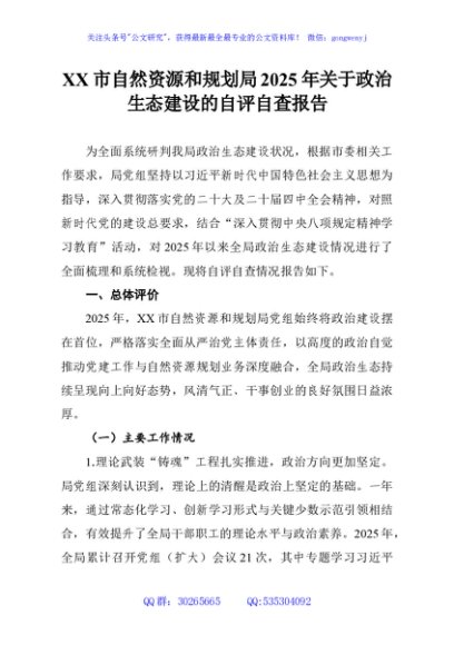 XX市自然资源和规划局2025年关于政治生态建设的自评自查报告