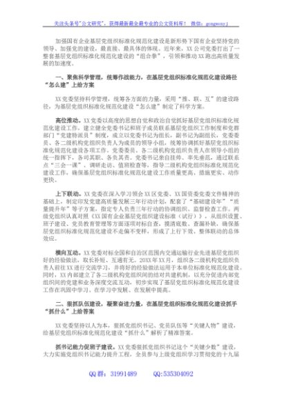 国企党建经验交流材料：标准化规范化建设引领发展加速度