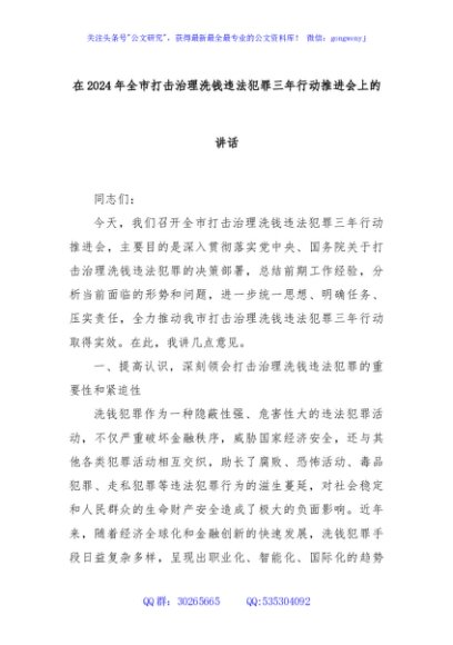 在2024年全市打击治理洗钱违法犯罪三年行动推进会上的讲话