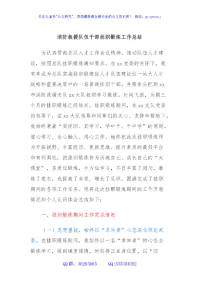 消防救援队伍干部挂职锻炼工作总结