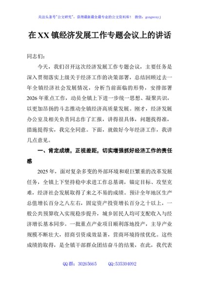 在XX镇经济发展工作专题会议上的讲话