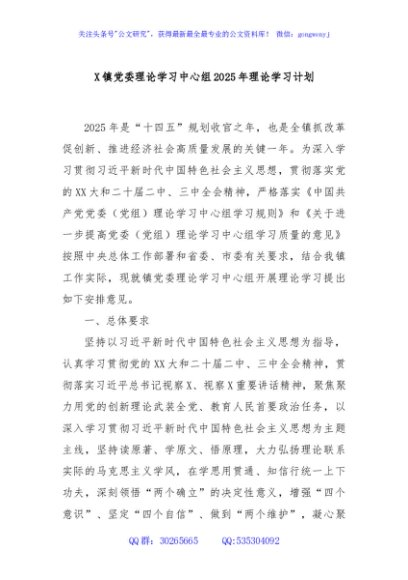 X镇党委理论学习中心组2025年理论学习计划