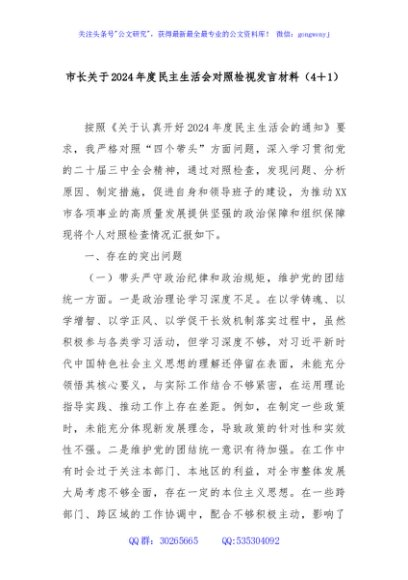 市长关于2024年度民主生活会对照检视发言材料（4＋1）
