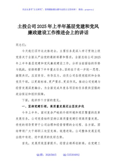 土投公司2025年上半年基层党建和党风廉政建设工作推进会上的讲话