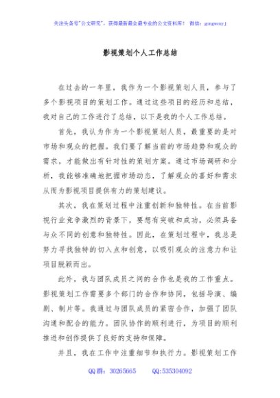 影视策划个人工作总结