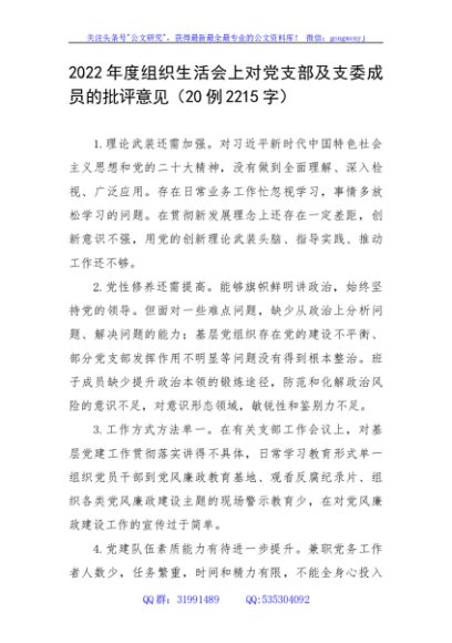 2022年度组织生活会上对党支部及支委成员的批评意见20例