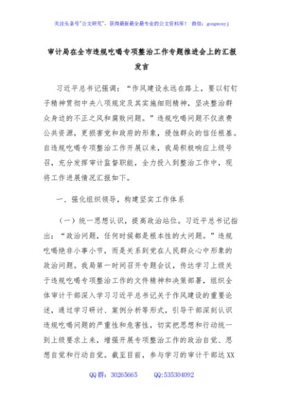 审计局在全市违规吃喝专项整治工作专题推进会上的汇报发言