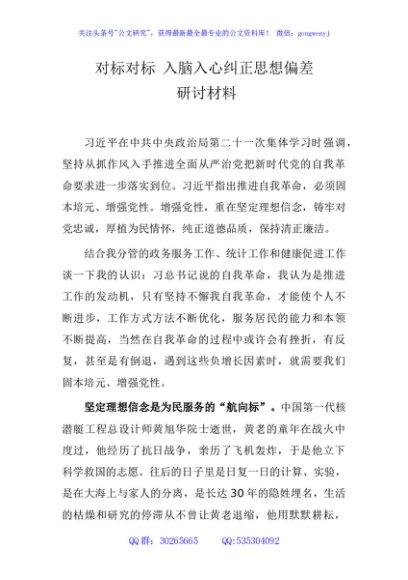 对标对标 入脑入心纠正思想偏差 研讨材料(1)