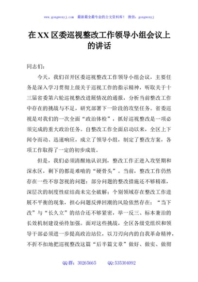 在XX区委巡视整改工作领导小组会议上的讲话