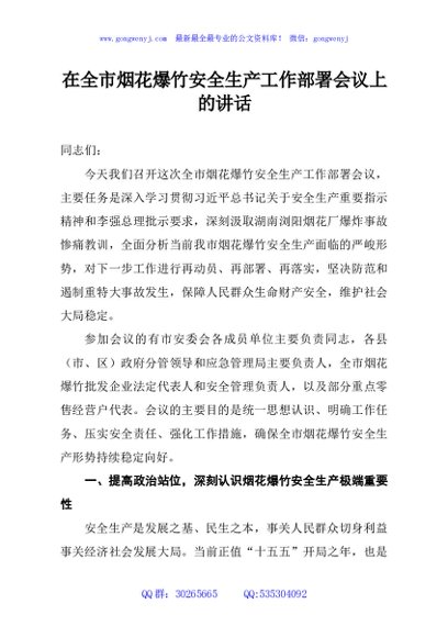 在全市烟花爆竹安全生产工作部署会议上的讲话