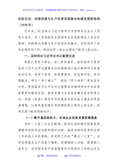 经验交流：加强党建与生产经营深度融合构建发展新格局（3938字）