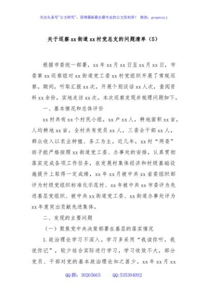 关于巡察xx街道xx村党总支的问题清单（5）