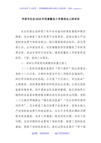 市委书记在2024年巡察整改工作推进会上的讲话