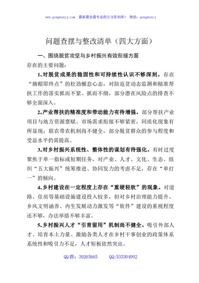问题查摆与整改清单（四大方面）