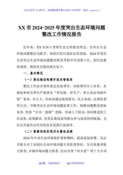 XX市2024-2025年度突出生态环境问题整改工作情况报告