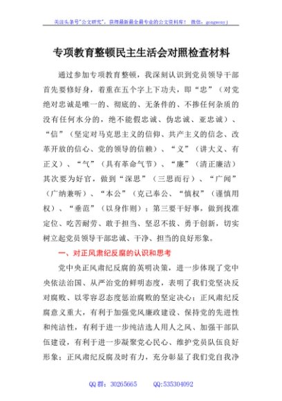正风肃纪专项教育整顿民主生活会对照检查材料