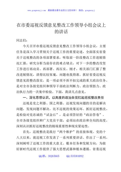 在市委巡视反馈意见整改工作领导小组会议上的讲话