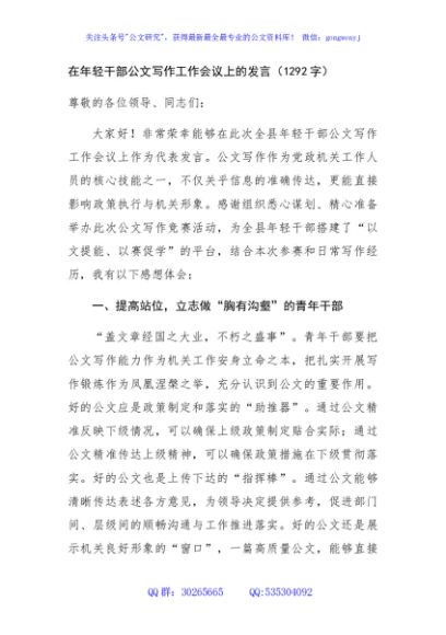 在年轻干部公文写作工作会议上的发言（1292字）