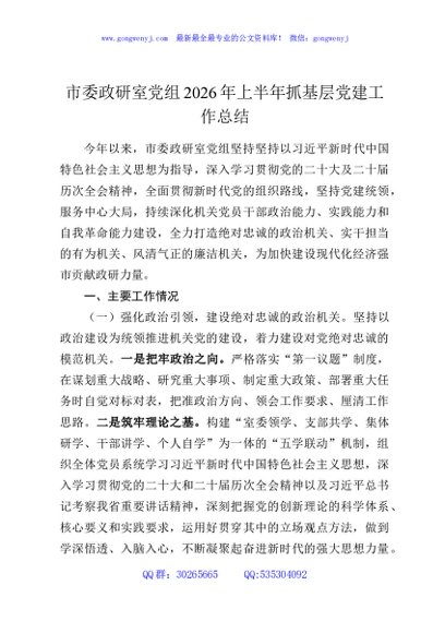 市委政研室党组2026年上半年抓基层党建工作总结