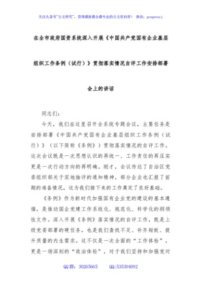 在全市政府国资系统深入开展《中国共产党国有企业基层组织工作条例（试行）》贯彻落实情况自评工作安排部署会上的讲话