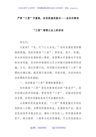 严管“三资”守富路，夯实根基促振兴——在农村集体“三资”管理大会上的讲话