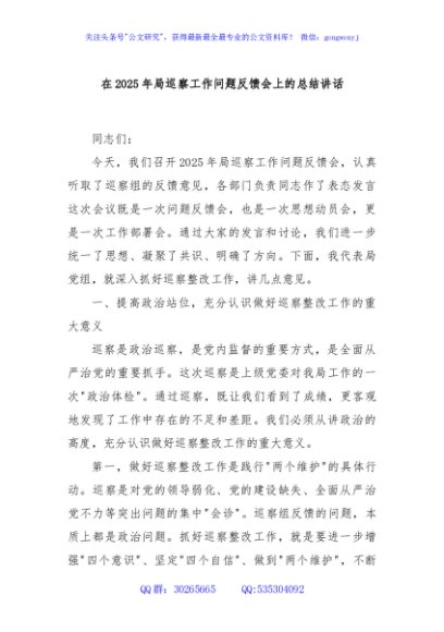 在2025年局巡察工作问题反馈会上的总结讲话
