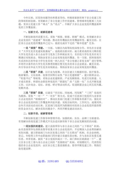 全区非公党建工作经验交流发言