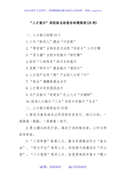 (25例)“人才振兴”类经验总结报告标题框架